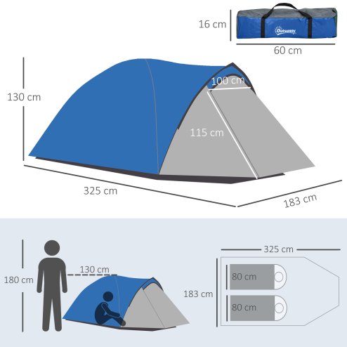 Outsunny Two-Man Camping Tent Dome Tent with Weatherproof Shell, Vestibule & Windows, for Fishing & Hiking, Blue and Grey