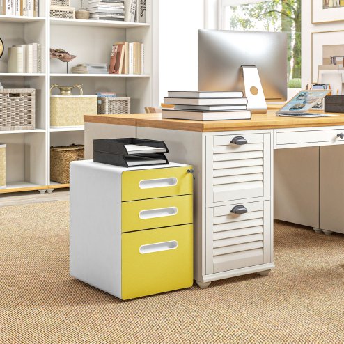 Vinsetto Lockable File Cabinet with 3 Drawers, Vertical Office Drawer for A4, Letter, Legal Size, Anti-tilt Design, Pre-Assembled Body, Yellow