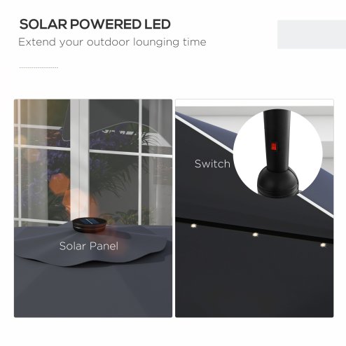 Outsunny 3(m) Garden Parasol Umbrella with 32 Solar LED Lights and Tilt, Outdoor Market Table Umbrella Sun Shade Canopy with Crank, 8 Ribs, Dark Grey