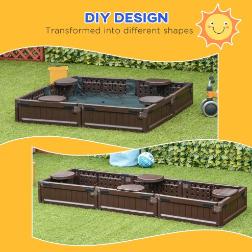 Outsunny Sand Pit Children's Plastic Sandpit w/ Water-Resistant Oxford Cover Bottom Fabric Liner kid Playset for 3-12 years old, Garden, Outdoor - (Brown)
