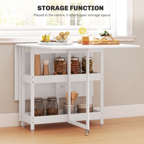 HOMCOM Industrial Folding Dining Table, Drop Leaf Table with Open Compartments for Small Spaces, Kitchen, Dining Room, White