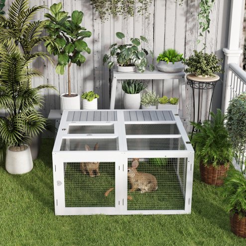 PawHut 48 Inch Rabbit Hutch Rabbit Run Small Animal Guinea Pig House Bunny Cage Hideaway Outdoor with Openable Roof Grey
