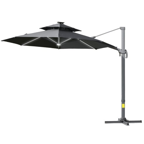 Outsunny 3(m) Cantilever Roma Parasol with LED Solar Lights, Crank & Tilt, Aluminium Frame, Cross Base and Adjustable Canopy 360 Degrees Rotating Sun Umbrella with 2-Tier Shade, Grey