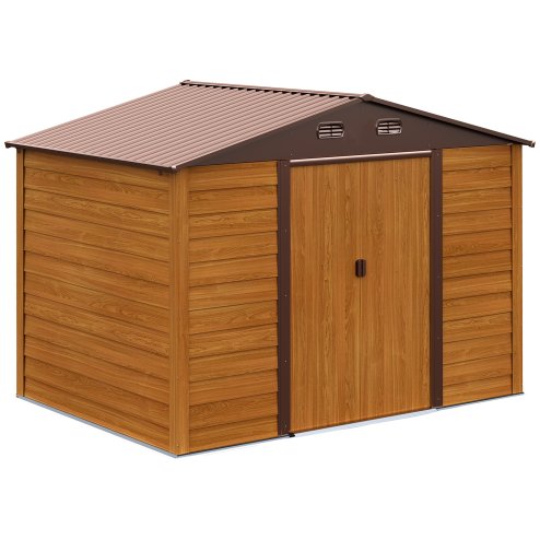 Outsunny 9 x 6ft Metal Garden Shed, House Hut Gardening Tool Storage with Ventilations, Sliding Door, Sloped Roof for Garden, Patio, Brown