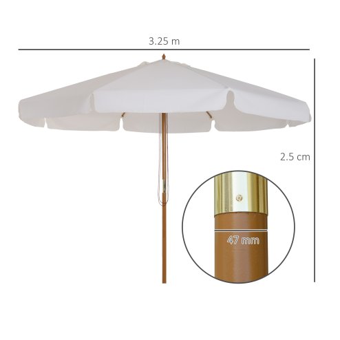 Outsunny 3.3m Wooden Garden Parasol Umbrella, Outdoor Sun Shade Canopy with 8 Bamboo Ribs, Ruffles and 4.7 cm Wood Pole for Balcony Deck Yard Market Beach Pool, Cream White