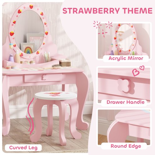 AIYAPLAY Kids Dressing Table Set, Two-Piece Children Vanity Table with Stool, Mirror, Drawer, Desktop Storage, Strawberry-Theme Makeup Desk, Chair, Pink