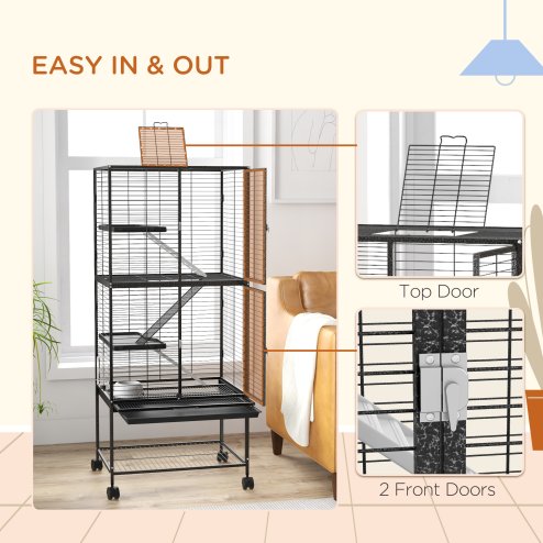 PawHut Ferret Cage Rolling Small Animal Cage 4 Levels Pet Cage 136cm Height for Chinchillas, Squirrels with 3 Doors, Storage Shelf, Tray, Bowl, Water Bottle, Ramps - Charcoal Grey
