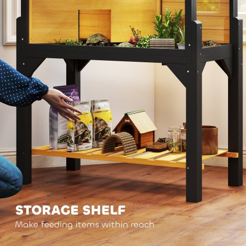 PawHut Wooden Tortoise House with Storage Shelf, Tortoise Enclosure Habitat with Clear Windows, Lamp Holder, Openable Top, Built-in Tray, for Indoor Use, Yellow