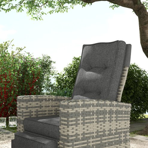 Outsunny 4 Piece Rattan Garden Furniture Set with Adjustable Backrest, Wicker Outdoor Furniture Sofa Set with Loveseat, Reclining Armchairs, Thickened Cushions and Glass Top Table, Light Grey