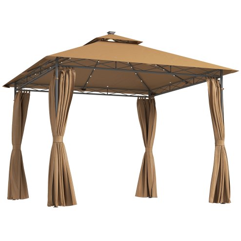 Outsunny 3 x 3 m Garden Gazebo, Double Roof Metal Gazebo with Curtains and Solar-Powered LED Lights, Outdoor Canopy Shelter for Patio, Deck, Brown