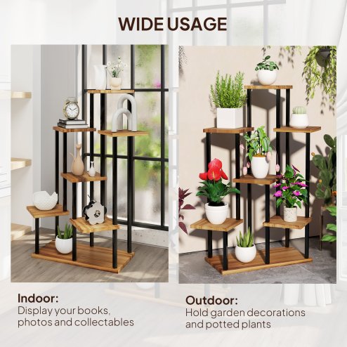 Outsunny 5 Tier Plant Stand Indoor Outdoor, Tiered Corner Steel Wood Plant Shelf for Multiple Plants, Tall Flower Stand Display Rack for Garden Patio Balcony Living Room, Carbonised Finish