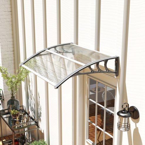 Outsunny Front Door Canopy Outdoor Awning Aluminium Rigid Plastic Polycarbonate Rain Shelter UV Water Rain Resistant 100 x 75cm Clear Image