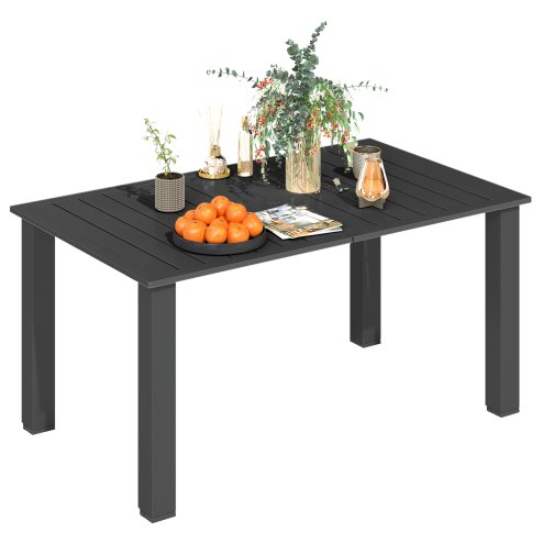 Outsunny Garden Table with Parasol Hole for 6 Person, Rectangle Outdoor Dining Table with Slatted Metal Tabletop, Steel Frame for Patio, Balcony, 150 x 90 x 73 cm, Black
