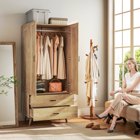 HOMCOM 2 Door Wardrobe, Modern Wardrobe with 2 Drawers and Hanging Rail for Bedroom, Flats, Natural