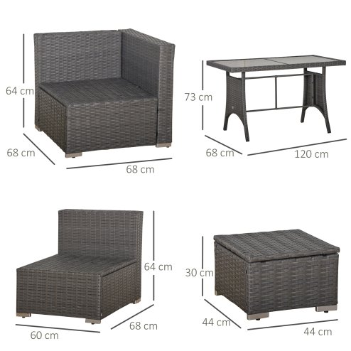 Outsunny 10 Pieces Outdoor PE Rattan Sofa Set with 10cm Thick Cushions, Garden Sectional Corner Sofa Set with Glass Top Dining Table and Three Footstools, Grey