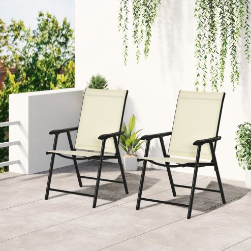 Outsunny Set of 2 Folding Garden Chairs, Metal Frame Garden Chairs Outdoor Patio Park Dining Seat with Breathable Mesh Seat, Beige