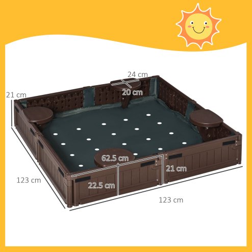 Outsunny Sand Pit Children's Plastic Sandpit w/ Water-Resistant Oxford Cover Bottom Fabric Liner kid Playset for 3-12 years old, Garden, Outdoor - (Brown)