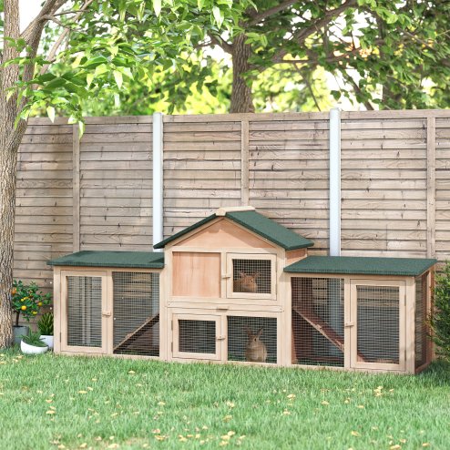 PawHut Large Rabbit Hutch Outdoor Wooden Guinea Pig Hutch with Run, 2 Storey Bunny House 210 x 45.5 x 84.5 cm Image