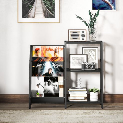 HOMCOM Record Player Stand, 3-Tier Side Table with Vinyl Record Storage, End Table with 3 Oxford Cloth Magazine Racks for Living Room, Bedroom, Black Wood Effect