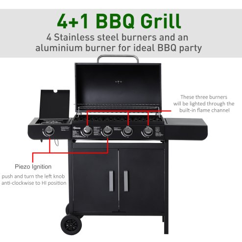 Outsunny 4+1 Burner Gas BBQ Grill, Outdoor Barbecue Trolley with Wheels, Warming Rack, Side Shelves, Cabinet, Thermometer for Garden, Party, Camping, 125 L x 51 W x 100 H cm, Black