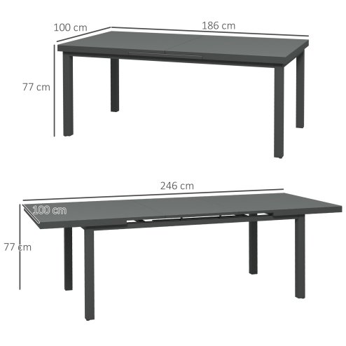 Outsunny 246 cm Extending Garden Table, Rectangle Outdoor Dining Table for 6-8, Aluminium Frame for Patio, Balcony - Charcoal Grey