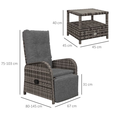 Outsunny 3 Pieces Rattan Bistro Set, Wicker Balcony Furniture Set with Reclining Sun Loungers, 2-Tier Coffee Table and Cushions, 2 Seater Garden Furniture for Outdoor Patio Balcony, Brown