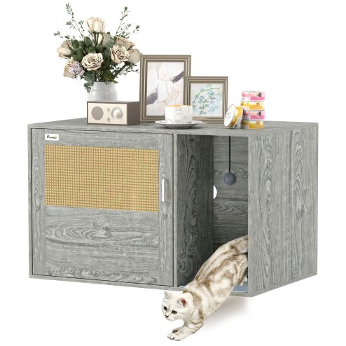 PawHut Cat Litter Box Enclosure with Rattan Door, Boho Style Hiddern Litter Box Furniture, Cat House End Side Table with Scratching Mat, Toy Ball, Non-slip Foot Pads, 80 x 50 x 50cm, Grey Image