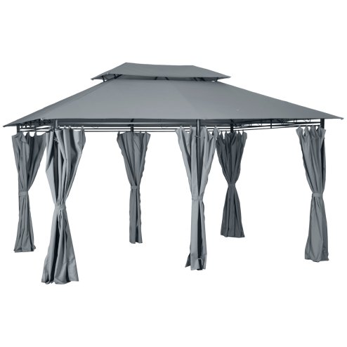 Outsunny 4m x 3(m)Garden Gazebo, Double Roof Outdoor Gazebo Canopy Shelter with Curtains, Solid Steel Frame for Patio, Garden, Grey