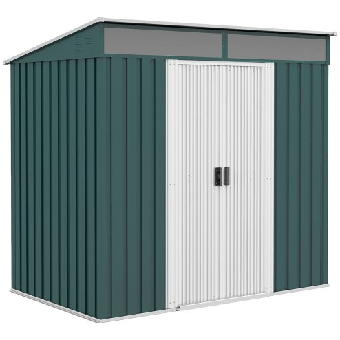 Outsunny 6.5 x 4FT Galvanised Metal Garden Shed with Foundation Kit, Lockable Tool Storage House with Double Sliding Doors and 2 Vents, Green