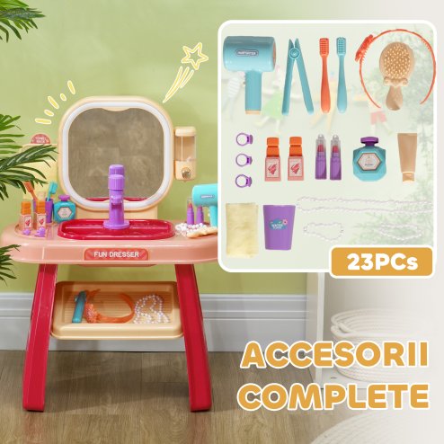 AIYAPLAY Kids Dressing Table, Kids Vanity Table with Mirror LED Light, Music, 23 Accessories, for 3-6 Years - Pink