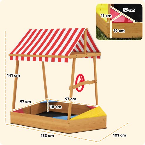 AIYAPLAY Wooden Kids Sandpit, Boat Sandbox with Canopy, Seats, Rudder & Non-woven Fabric Bottom Liner, Outdoor Sand Pit for Children 3-8 Years, for Garden, Grass, Beach, Yellow