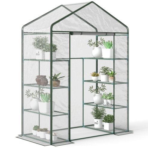 Outsunny Walk in Greenhouse with 4-Tier 8 Shelves, Green House with Hemmed Cover, Roll-up Zipped Door, Steel Frame, 143 x 73 x 195cm