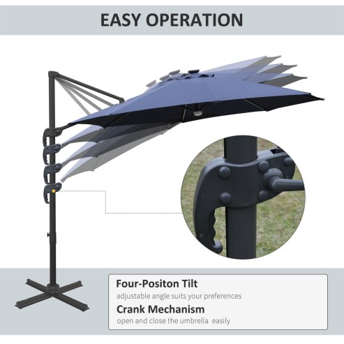 Outsunny 3(m) Cantilever Roma Parasol Garden Sun Umbrella Outdoor Patio with 360 Rotation Crank & Tilt Aluminium Frame LED Solar Light Cross Base, Blue