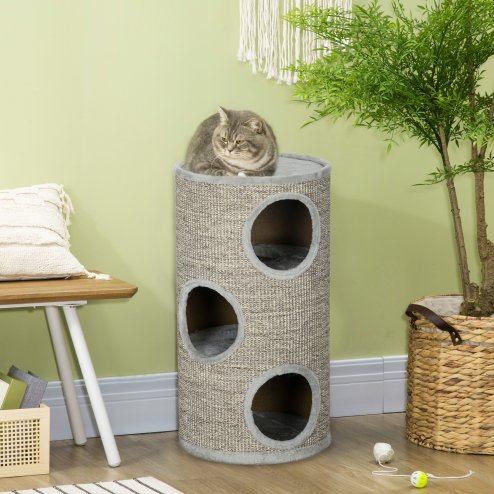 PawHut Cat Barrel Kitten Tree Tower for Indoor Cats, Cat Climbing Frame, Covered in Sisal, Cosy Platform - Light Grey