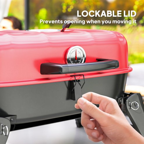 Outsunny Charcoal Barbecue Grill Folding BBQ Grill with 1232 cm? Cooking Area, Adjustable Vent, Thermometer, Handles for Camping Picnic, Red
