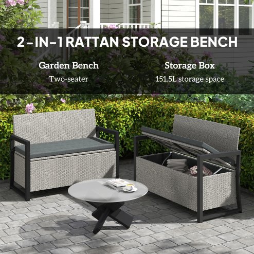 Outsunny Garden Storage Bench with 151.5L Capacity, Inner Bag, 2 Seater PE Rattan Outdoor Garden Bench with Storage, Cushion, Wicker Outdoor Bench Loveseat for Patio, Grey