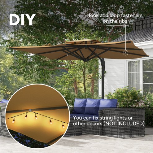 Outsunny 3 x 3 m Cantilever Parasol with Hydraulic Opening, Heavy Duty Aluminium Hanging Garden Parasol, Double Top Square Patio Umbrella with 360 Rotation, 8 Ribs, Cross Base, Khaki