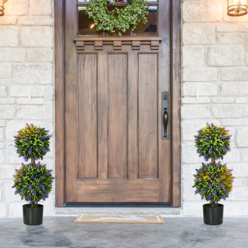 HOMCOM Set of 2 Decorative Artificial Plants Ball Trees with Lavender Flowers in Pot Fake Plants for Home Indoor Outdoor Decor, 70cm, Green