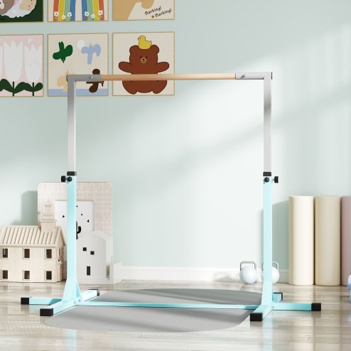 HOMCOM Height Adjustable Gymnastics Horizontal Bar For Kids Home Gym Training Children Junior Kip High Bar Fitness, Light Blue