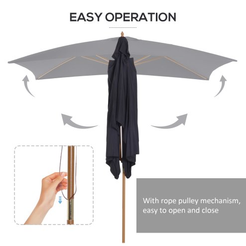Outsunny 2 x 3m Wooden Garden Parasol Umbrella Outdoor Sun Shade Canopy, Table Market Umbrella with Vent, 38 mm Pole, Rope Pulley Mechanism, Black