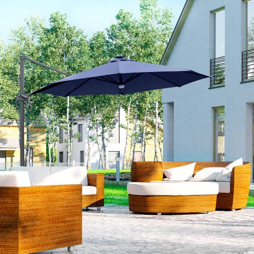 Outsunny 3(m) Cantilever Roma Parasol Garden Sun Umbrella Outdoor Patio with 360 Rotation Crank & Tilt Aluminium Frame LED Solar Light Cross Base, Blue