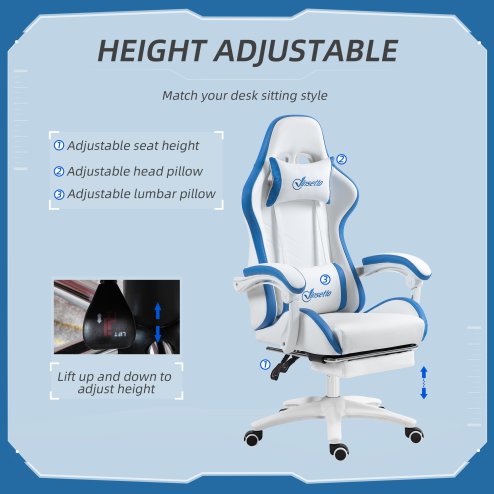 Vinsetto Computer Gaming Chair, PU Leather Office Desk Chair with Footrest, Swivel Wheels, 135?? Reclining Back, Lumbar Support, Headrest for Home, White and Blue