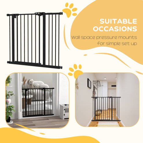 PawHut Dog Gate Stair Gate Pressure Fit Pets Barrier Auto Close for Doorway Hallway, 74-94cm Wide Adjustable, Black