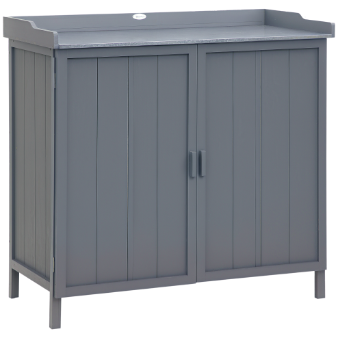 Outsunny Garden Storage Cabinet, Outdoor Tool Shed, Potting Bench Table with Galvanized Top and Two Shelves for Yard Tools or Pool Accessories, Grey