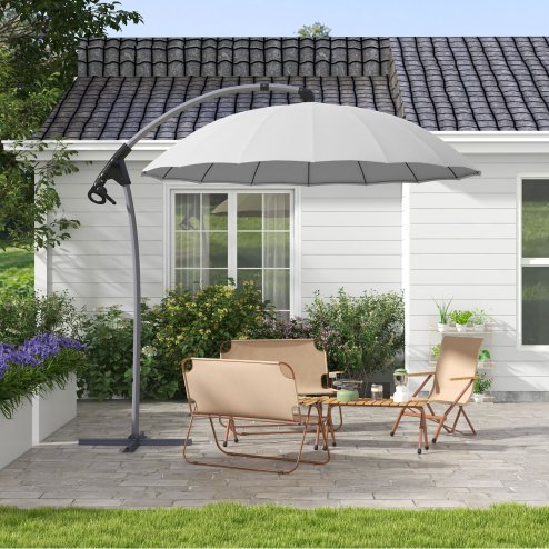 Outsunny 2.7m Cantilever Parasol with Cross Base, Banana Parasol with Crank Handle and 16 Fibreglass Ribs, Round Hanging Patio Umbrella for Outdoor Pool, Garden, Balcony, Grey
