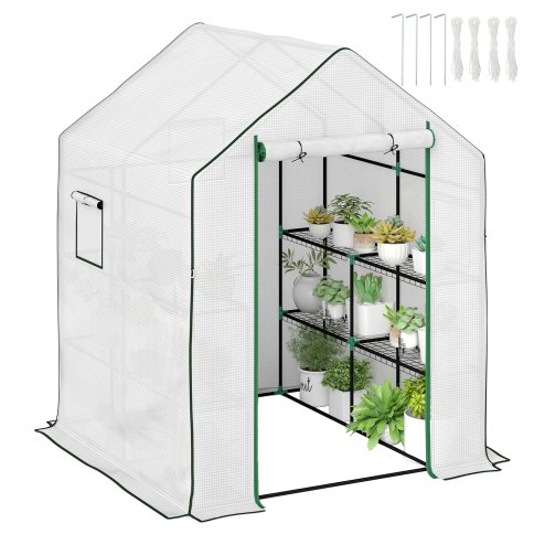 Outsunny Walk-in Greenhouse with 3 Tier 8 Shelves, Small Greenhouse with Reinforced PE Cover, Garden Plant Growhouse with Roll-up Door and Three Mesh Windows, 140 x 143 x 190 cm, White