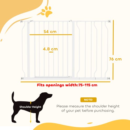 PawHut Dog Gate Wide Stair Gate w/ Door Pressure Fit Pets Barrier for Doorway, Hallway, 76H x 75-115W cm - White