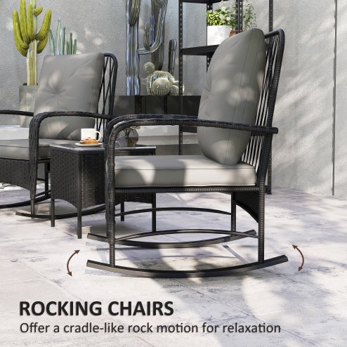 Outsunny 3 Pieces Rattan Bistro Set, Wicker Garden Furniture Set with Cushions, Glass Top Coffee Table and Rocking Chairs, Small Balcony Furniture for Outdoor, Porch, Black