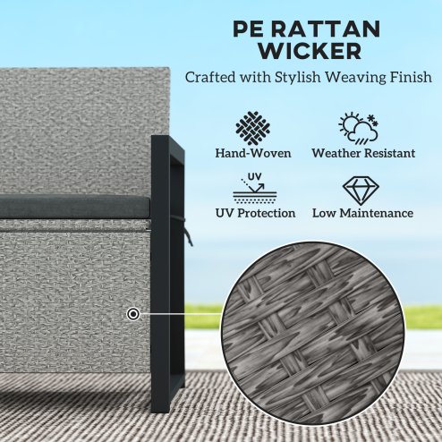 Outsunny Garden Storage Bench with 151.5L Capacity, Inner Bag, 2 Seater PE Rattan Outdoor Garden Bench with Storage, Cushion, Wicker Outdoor Bench Loveseat for Patio, Grey