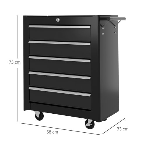 HOMCOM Steel 5-Drawer Tool Storage Cabinet Lockable with Wheels Handle 2 Keys Garage Equipment Trolley Home Work DIY Workshop Chest Black